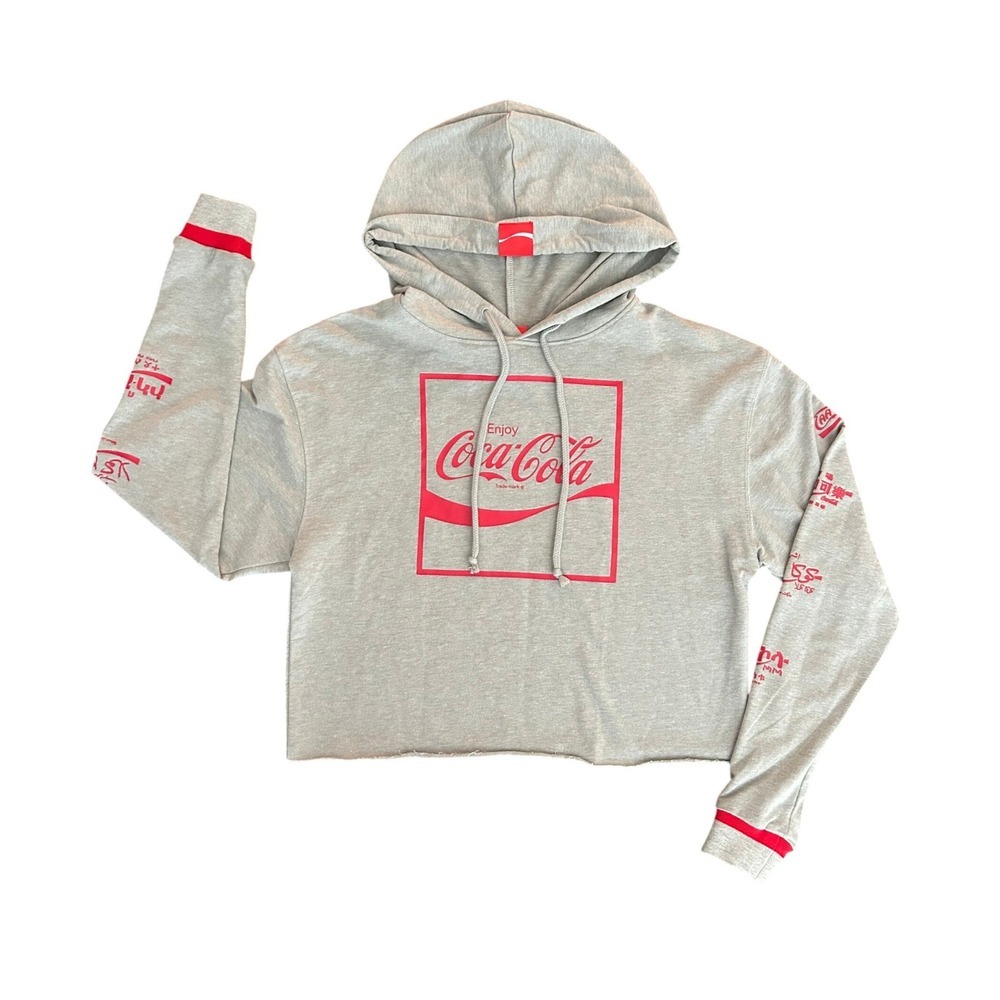 Coca-Cola Womens Gray Cropped Hoodie Sleeve Logo Sweatshirt Medium (1255)